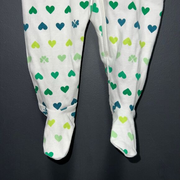 Primary Brand Footed Sleeper Pajamas Infants 0-3m Green White Heart Print - Picture 4 of 6